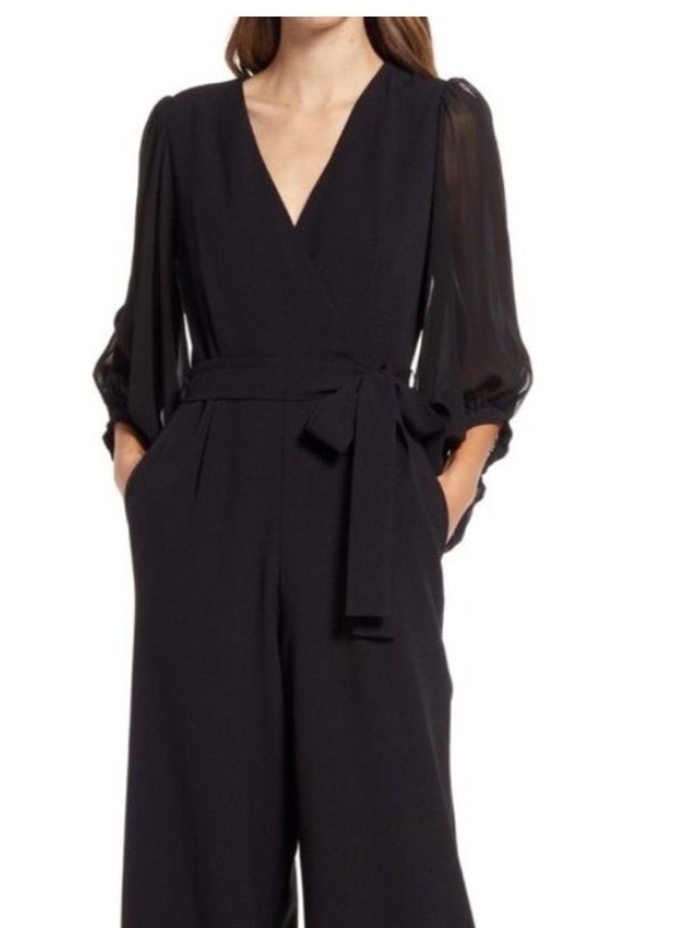 Donna Ricco women's solid black jumpsuit featuring sheer sleeves - Picture 9 of 12